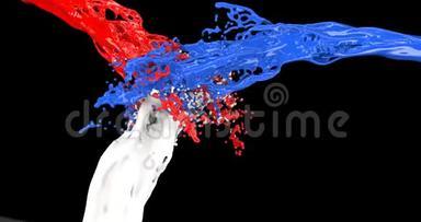 彩色喷漆。 红色、白色和蓝色的液体碰撞和混合。 不同的颜色溅在黑色上。 CG动画